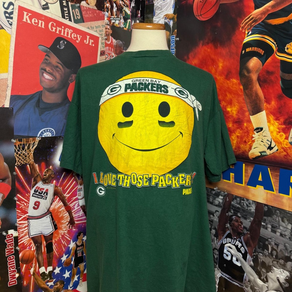 Vintage 90s Green Bay Packers Rare Cliff Engle Smiley Face NFL T Shirt Sz 3XL